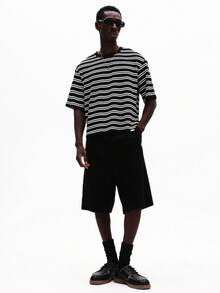 SUMWON Oversized Crew Neck Short Sleeve Horizontal Striped Knit Casual Summer Relaxed Fit Tee Shirt - Black - View 6