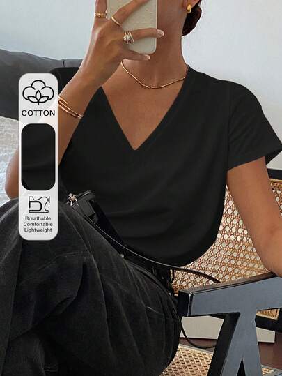 Livesso Camiseta de mujer de manga corta, cuello en V profundo, unicolor, de corte holgado, informal