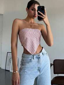 SHEIN EZwear Bufanda de rayas rojas y blancas para mujer, top tubo para uso al aire libre, primavera/verano - Rojo y blanco - Ver 5