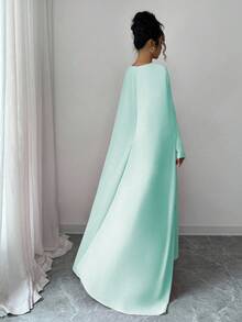 Elenzga Abito da donna lungo e aderente per feste, in maglia, con collo rotondo, maniche lunghe a palloncino, decorazione con perle in vita, elegante e versatile, adatto per l'autunno/inverno - Menta Verde - Visualizzare 2