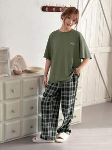 Dazy Kids Teen Girls Casual Homewear Short Sleeve T-Shirt & Pants Set Spring Summer Easter - Green - View 4