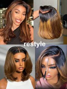 Bye Bye Knots 7x5 Lace Brown With Blonde Piano Highlights Straight Bob Wig With Dark Roots Glueless Bob Wigs 100% Human Hair Ready To Wear Pre Cut Pre Bleached Pre-Pluck Transparent Lace With Drawstring - S1/27 - View 8