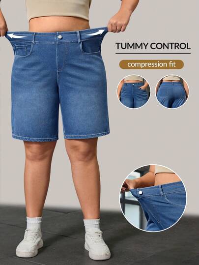 Flexra Plus Size Women Casual Retro Elastic Straight Leg Denim Shorts