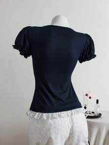 Elamini Black Vintage-Style Regular Shoulder Short Sleeve T-Shirt, Spring/Summer