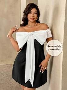 Auralis Đầm mini cỡ lớn màu đen trắng trễ vai thắt nơ thanh lịch lãng mạn gợi cảm, thích hợp cho Ngày Valentine, các buổi hòa nhạc, biểu diễn, hẹn hò, tiệc tối trang trọng, tiệc tùng, đi làm, văn phòng, sinh nhật. - Đen và trắng - Xem 3