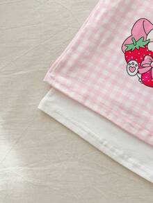 SHEIN Babygirl 4pcs Summer Pink White Cute Night Set,Halter Top & Shorts,Cartoon Rabbit Print Checkered Knitted Fabric,Loose Fit Sweet Style For Picnic - Multicolor - View 5