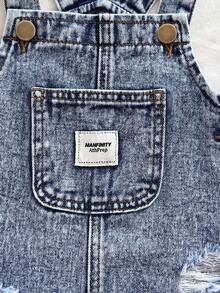 男童水洗蓝色休闲宽松牛仔背带裤，带口袋，易于穿脱，百搭时尚，适合日常穿着 - 中等水洗藍 - 查看 4