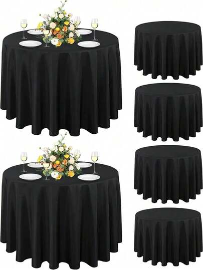 1Pc Black Round Satin Tablecloth, Wedding Elegant Table Cover With Pleated Edge, Diameter 145/180/200/228cm Polyester Tablecloth, Wedding Decor, Engagement Ceremony Supplies, Bridal Shower Supplies, Bridal Party Table Decor