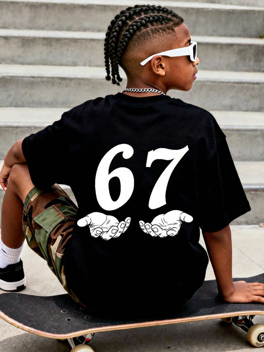 Fantacosmos Tween Boy Casual Comfortable Knit Round Neck Loose Fit T-Shirt With Number 67 Design, Suitable For Daily, School, Outing, Sports, Holiday, Party Wear - Black - View 1