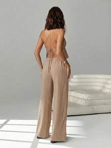 SHEIN EZwear 2件套卡其色露背吊带上衣和裤子休闲度假套装（女士） - 卡其色 - 查看 2