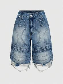 ROMWE Grunge Punk Distressed Patchwork Low Waist Oversized Denim Bermuda Shorts - Blue - View 8