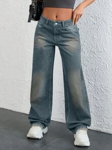 EURMUSE 低腰复古水洗直筒牛仔裤 - 霧霾藍 - 查看 8