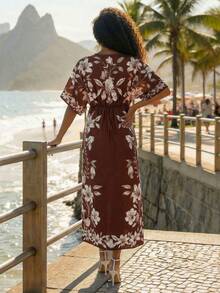 Women's Summer Vacation Floral Print Deep V-Neck Tie Front Batwing Sleeve Dress - Brown - View 2