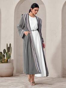 Al Najma Modest Geometric Print Hooded Long Sleeve Arabic Abaya Jacket For Women, Abayas - Grey - View 6