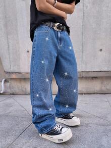 Manfinity EMRG Jeans holgados con bolsillos en diagonal y decoración de rhinestones, para uso casual diario de hombres - Azul - Ver 3