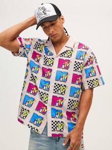 MTV | SHEIN Men's Casual Fashion Street Full-Width Letter Print Lapel Collar Short Sleeve Shirt, Summer - Hot Pink - View 7