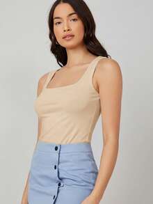 SHEIN BASICS Áo ba lỗ cổ vuông trơn - Màu be - Xem 3