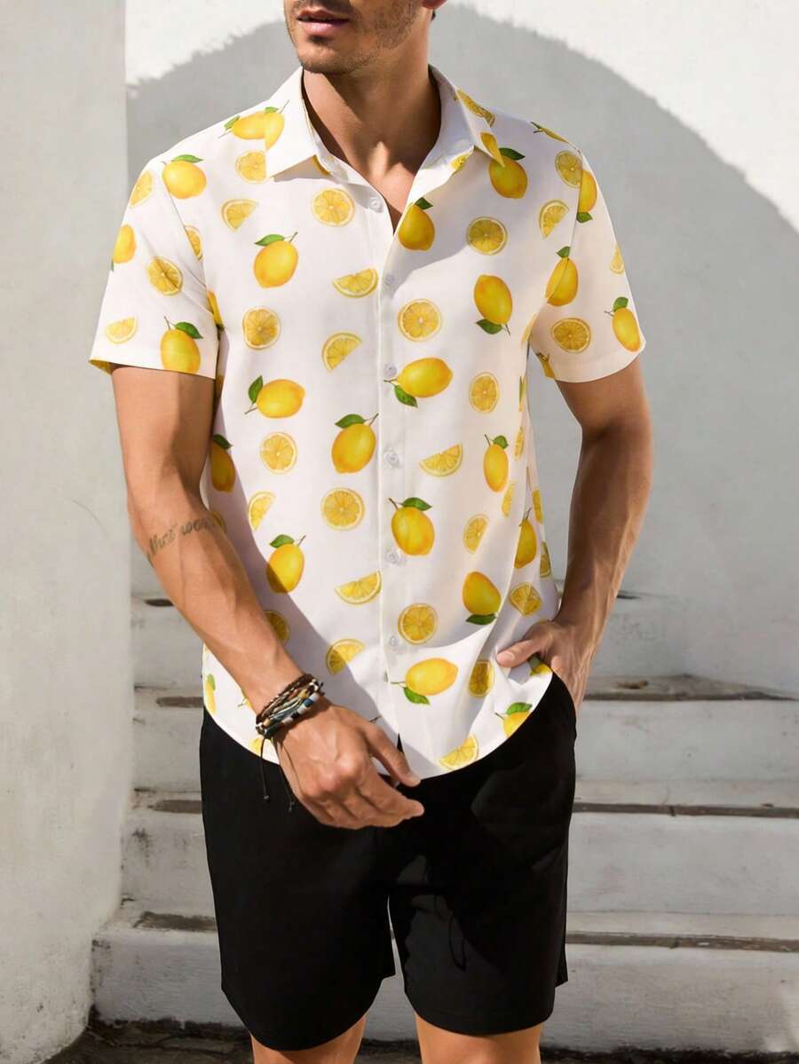 VIVINTIMO 男士度假水果印花短袖单排扣衬衫 柠檬印花衬衫 男士衬衫 夏季男士休闲衬衫 - 彩色 - 查看 1