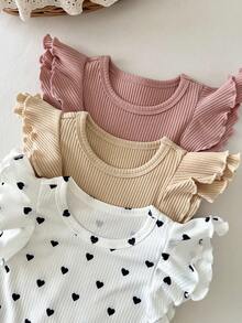 LMoss Kids 3件套女婴可爱爱心印花荷叶袖连体衣套装 - 彩色 - 查看 4