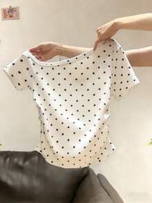 Resyla 女士黑白波点露肩短袖T恤，修身短款上衣 - 白色 - 查看 3