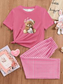Cute Bear Plaid Pattern, Young Girls Casual Slim Fit Round Neck Short Sleeve Pants Pajamas Set, Suitable For Summer - Multicolor - View 4