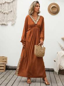 SHEIN Holidaya Đầm dài dự tiệc thường ngày dành cho nữ, cổ chữ V, đính ren, eo nhún. - Màu nâu tối - Xem 7