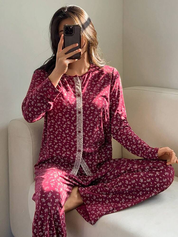 Contrast Color Lace Patchwork Floral Knit Cardigan Women Pajama Set