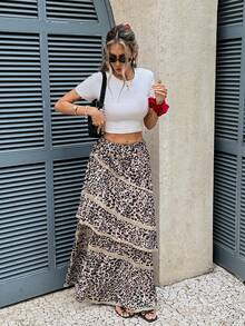 Serisse 女士豹纹弹力腰撞色蕾丝半身裙，时尚度假之选 - 彩色 - 查看 8