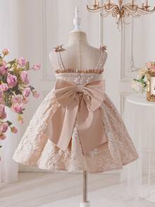 SHEIN Young Girl Sweet & Cute Jacquard Sleeveless Princess Dress - Khaki - View 3