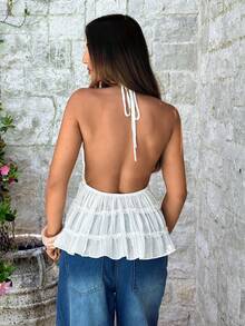 Aloruh 女士优雅系带露背雪纺纹理吊带衫 - 白色 - 查看 7