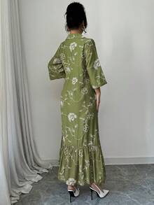 Modelyn 女士印花翻领七分袖宽松休闲度假连衣裙 - 綠色 - 查看 2