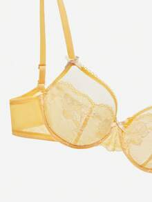 LUVLETTE Soft Woman Lingerie Breathable Underwire Sexy Unlined Minimizer Yellow Floral Lace & Sheer Mesh Bra