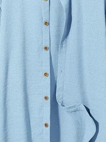 SHEIN Teen Boys' Solid Color Single-Breasted Short Sleeve Textured Casual Shirt, Comfortable And Fashionable For Summer, Suitable For Casual, School, Travel, And Beach Vacation Light Blue Shirt Short Sleeve Shirt Mandarin Collar Shirt - Baby Blue - View 6