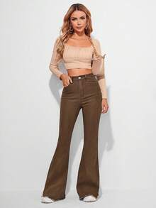 EMERY ROSE Quần jeans ống loe dáng vintage, gấu quần cắt thô và túi xéo. - màu nâu - Xem 4