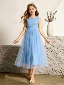 Robe sans manches élégante pour filles avec fermeture éclair à l'avant, fleurs en perles 3D décoratives, jupe plissée à ourlet en maille froncée, convient pour le port quotidien et les occasions formelles, bleu - Bleu azur - Voir 1