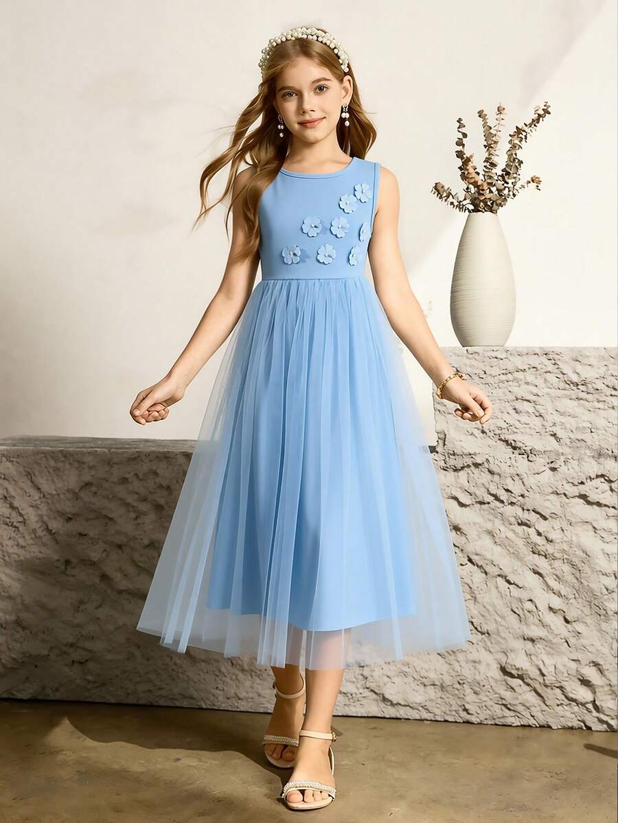 Robe sans manches élégante pour filles avec fermeture éclair à l'avant, fleurs en perles 3D décoratives, jupe plissée à ourlet en maille froncée, convient pour le port quotidien et les occasions formelles, bleu - Bleu azur - Voir 1