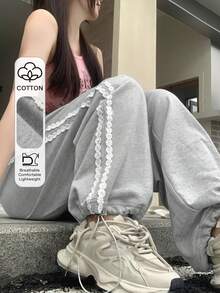 DAZY 女式宽松抽绳编织带阔腿裤，长款，女式慢跑秋季运动裤