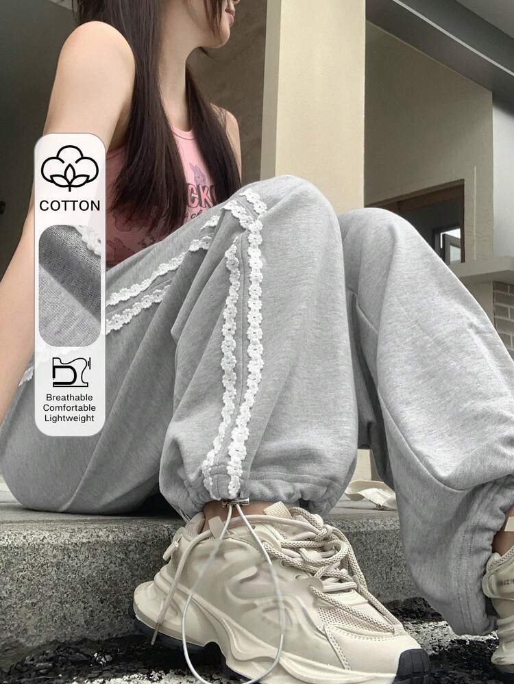 Women's Loose Fit Drawstring Weave Tape Wide Leg Pants, Long,Women Joggers Fall Sweatpants