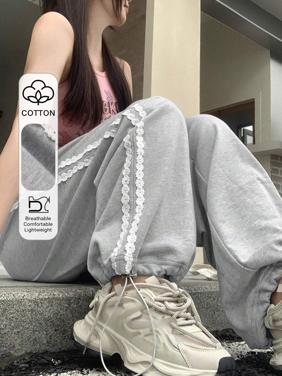 DAZY 女式宽松抽绳编织带阔腿裤，长款，女式慢跑秋季运动裤