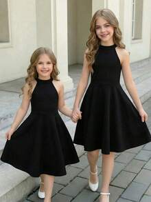 SHEIN Young Girl Casual And Elegant Solid Black Stand-Up Collar Sleeveless Waist A-Line Dress, Suitable For New Year, Valentine's Day, Birthday Party Dresses,Young Girl's Black Dress,Sisters Outfit, Little Girl Black Dress, Halter Dress For Girl - Black - View 2