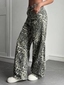 Livesso Jeans de talle alto con estampado de leopardo para mujer, otoño/invierno