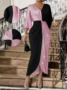 SHEIN Lady Đầm dự tiệc cỡ lớn dành cho nữ, cổ chữ V, phối màu, thắt eo. - Nhiều màu - Xem 1