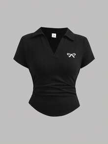 SHEIN Girlism 儿童夏季柔软舒适上衣三件套，黑/白/灰三色可选，百搭方领V领短袖T恤，设计师款夏季休闲Polo衫，修身合身剪裁，清新少女风，蝴蝶结刺绣纯色休闲Polo衫三件装，女童上衣套装，女童短袖上衣，女童针织衫，女童翻领衬衫，修身衬衫，青少年女童衬衫，舒适上衣，基础款女装上衣 - 彩色 - 查看 7