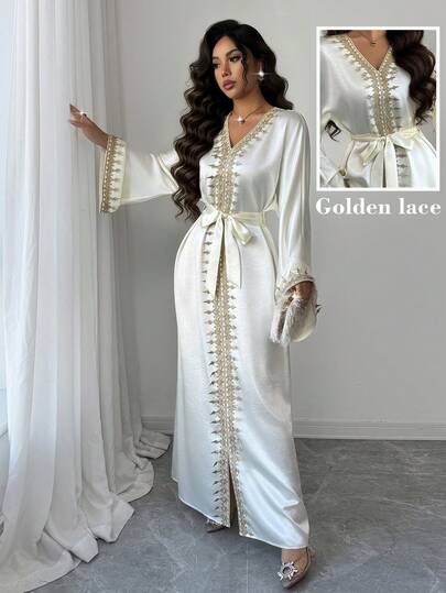 SHEIN Raffinéa Women's Elegant Gold Trim Patchwork Robe, Loose Fit, Suitable For Spring And Autumn Outings