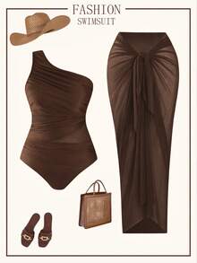 Swim Oasis Plus Size Women 2pcs Set One Shoulder Coffee Mesh Patchwork Ruched One Piece Swimsuit With Coffee Mesh Long Pants, Summer Beach Holiday - Coffee Brown - View 1