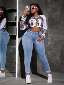 Slaydiva 大码蓝色弹力修身九分牛仔裤 冬季牛仔裤 女士冬季牛仔裤 女士修身弹力牛仔裤 曲线身材高腰卷边牛仔裤 - 淺色水洗藍 - 查看 4