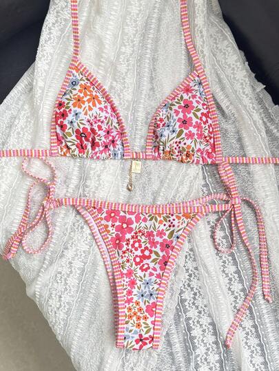 Swim Mod 2件套女士随机印花露背金属装饰侧系带性感比基尼套装，春夏款