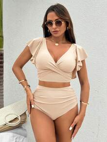 Swim Vcay Bộ bikini hai mảnh màu trơn tay bèo chéo thời trang dành cho nữ mùa hè, màu be, kiểu dáng cạp cao, đồ bơi màu kem, trang phục đi nghỉ mát, gợi cảm. - Màu be - Xem 4