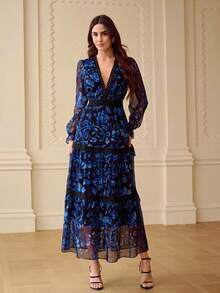 ZEYLAH Floral Print Patchwork Lace Romantic Women Dress, Autumn/Winter - Blue - View 4