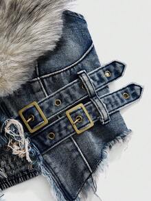 ROMWE Hippie Y2K Removable Faux Fur Collar Denim Jacket For Women